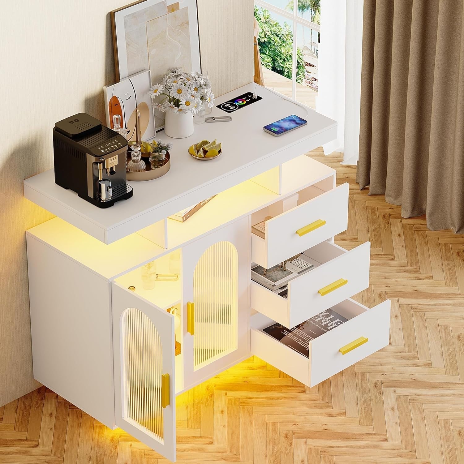 Wireless Charging Buffet Cabinet with RGB LED Light & 3 Drawer Storage