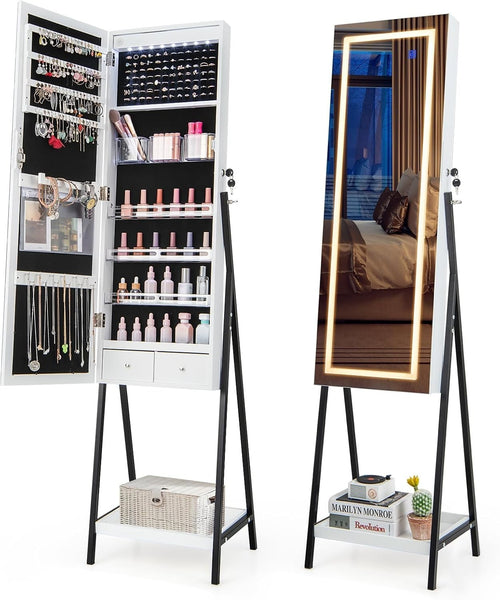 White LED Jewellery Cabinet Lockable Full Length Mirror Storage