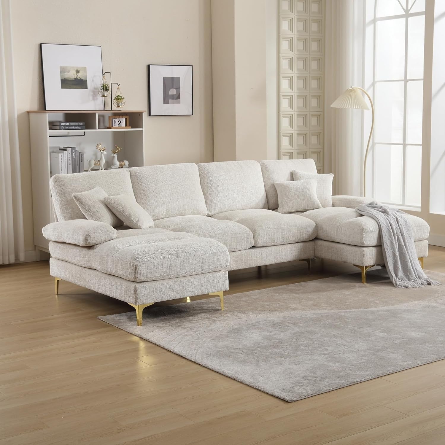 4 Seater U-Shaped Sofa Beige Chenille Sectional with 2 Chaise Modern Living Room