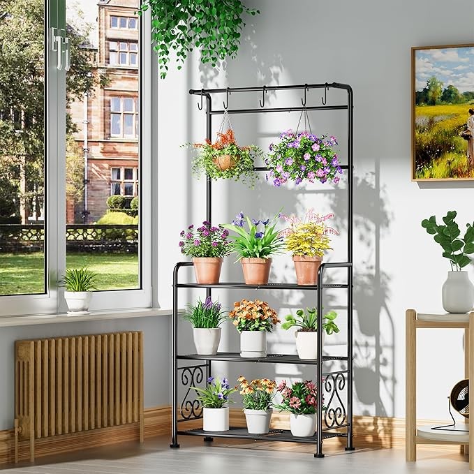 3 Tier Metal Plant Stand with Hanging Rod Indoor Outdoor Flower Shelf Black