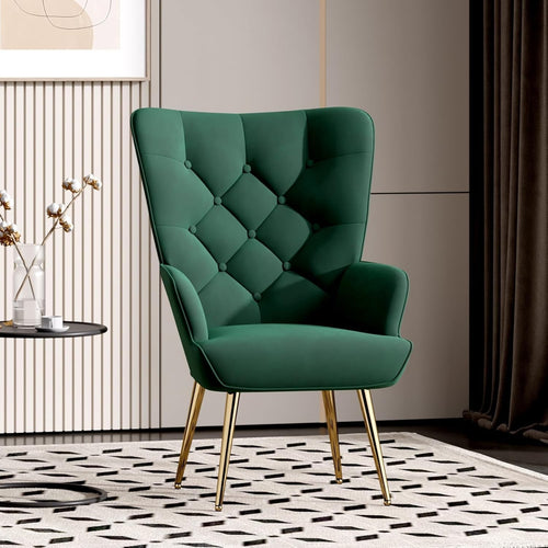 Velvet Wingback Armchair High Back Gold Legs Comfy Lounge Chair Green