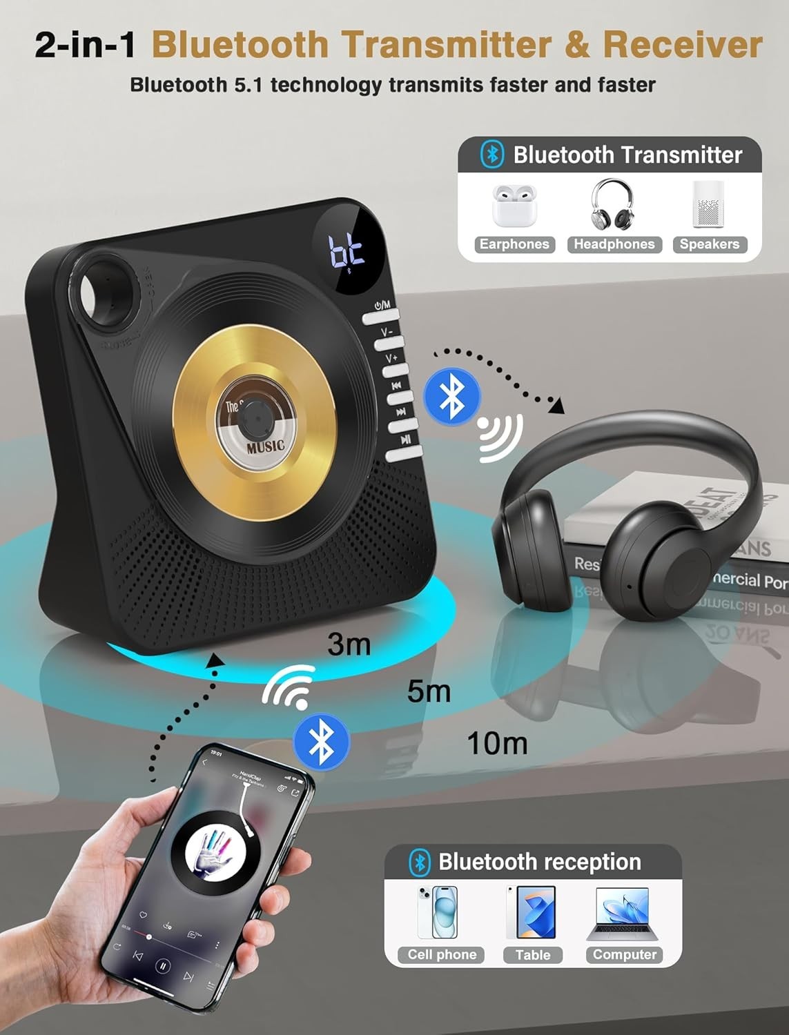 Bluetooth 5.1 CD Player w Speakers LED Display Remote USB AUX Black
