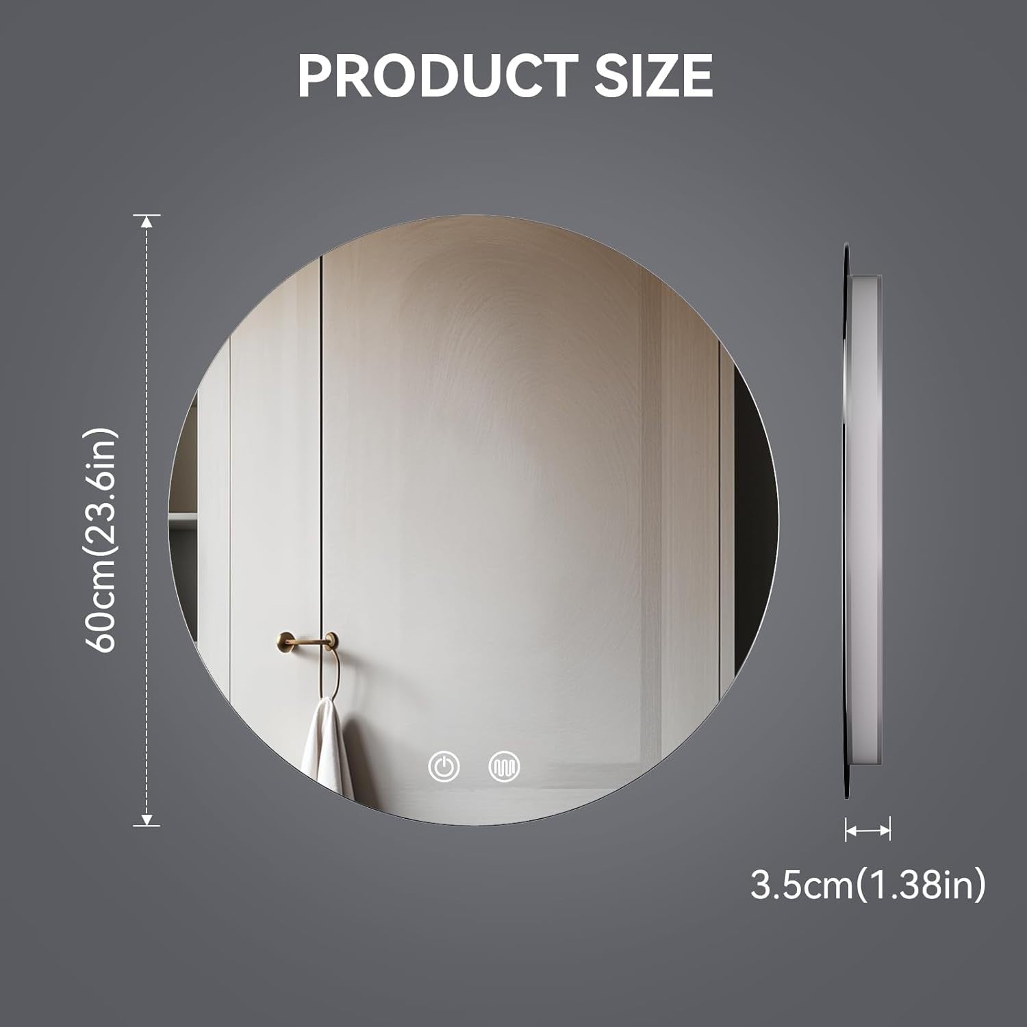 Round LED Bathroom Mirror 60cm Wall Mounted Anti-Fog Light Touch Pad