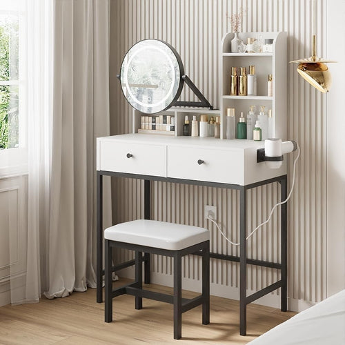 Vanity Dressing Table Desk Set w/ LED Mirror Storage Drawers Stool White/Black