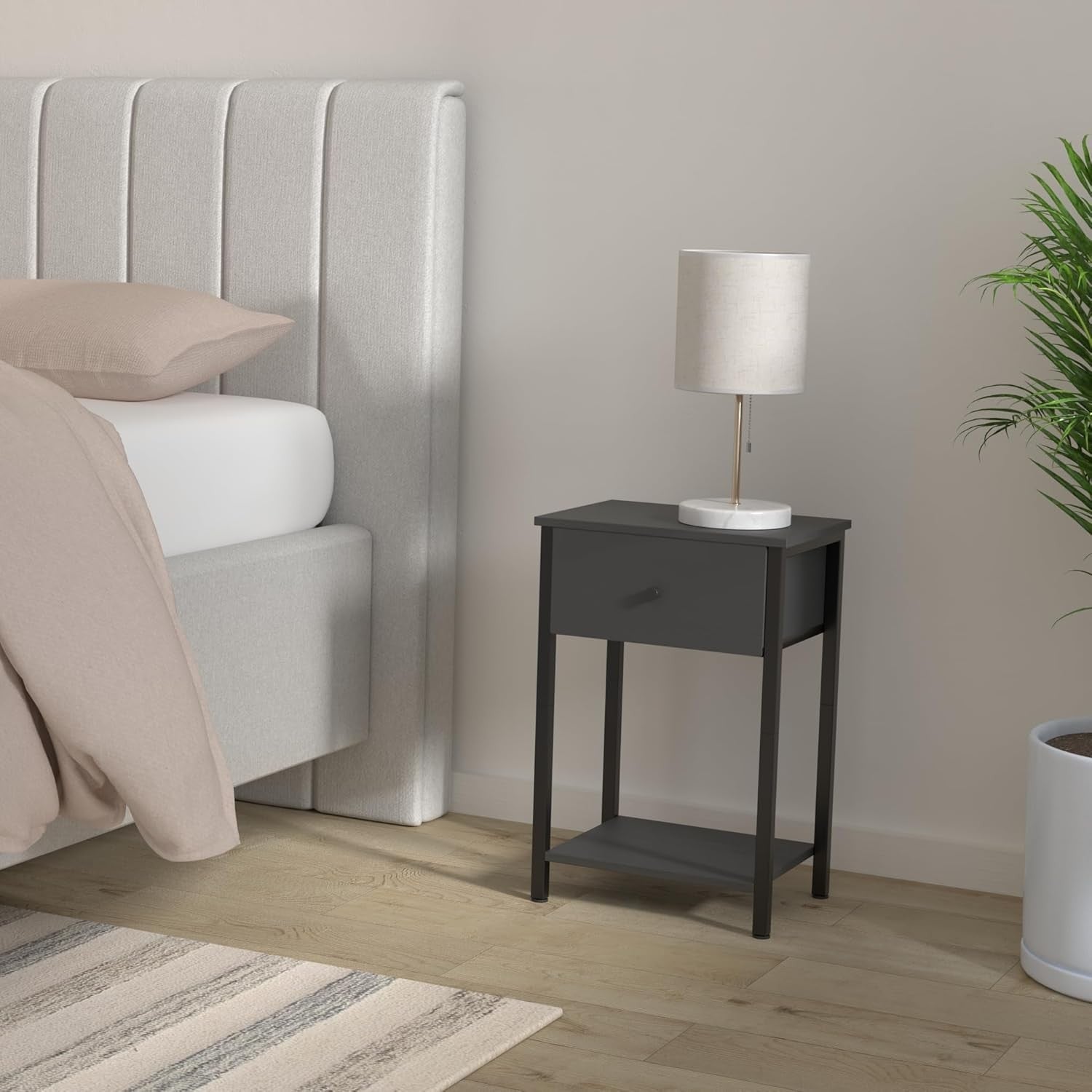 Tall Bedside Table with Drawer & Shelf, Modern 24-Inch Nightstand in Black