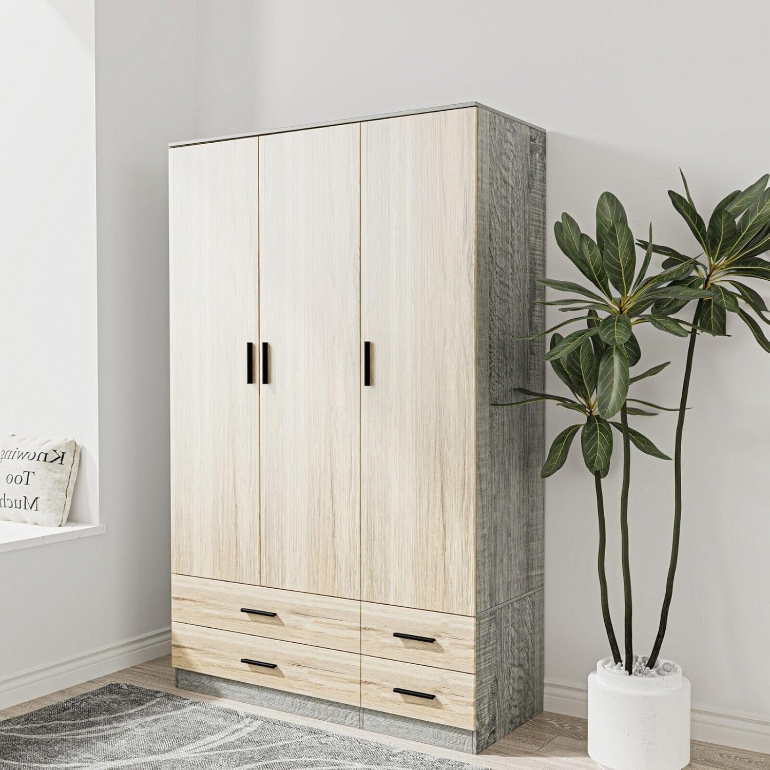 3 Door 4 Drawer Wardrobe Hanging Rail Storage Ash Grey & Oak Bedroom