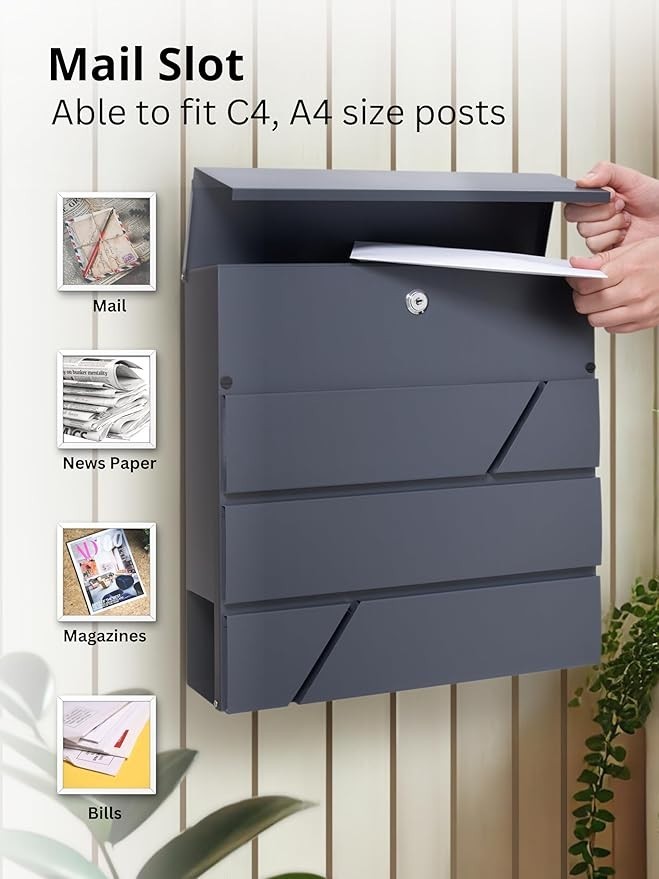 Wall Mounted Lockable Mailbox with Newspaper Holder – Weatherproof Steel