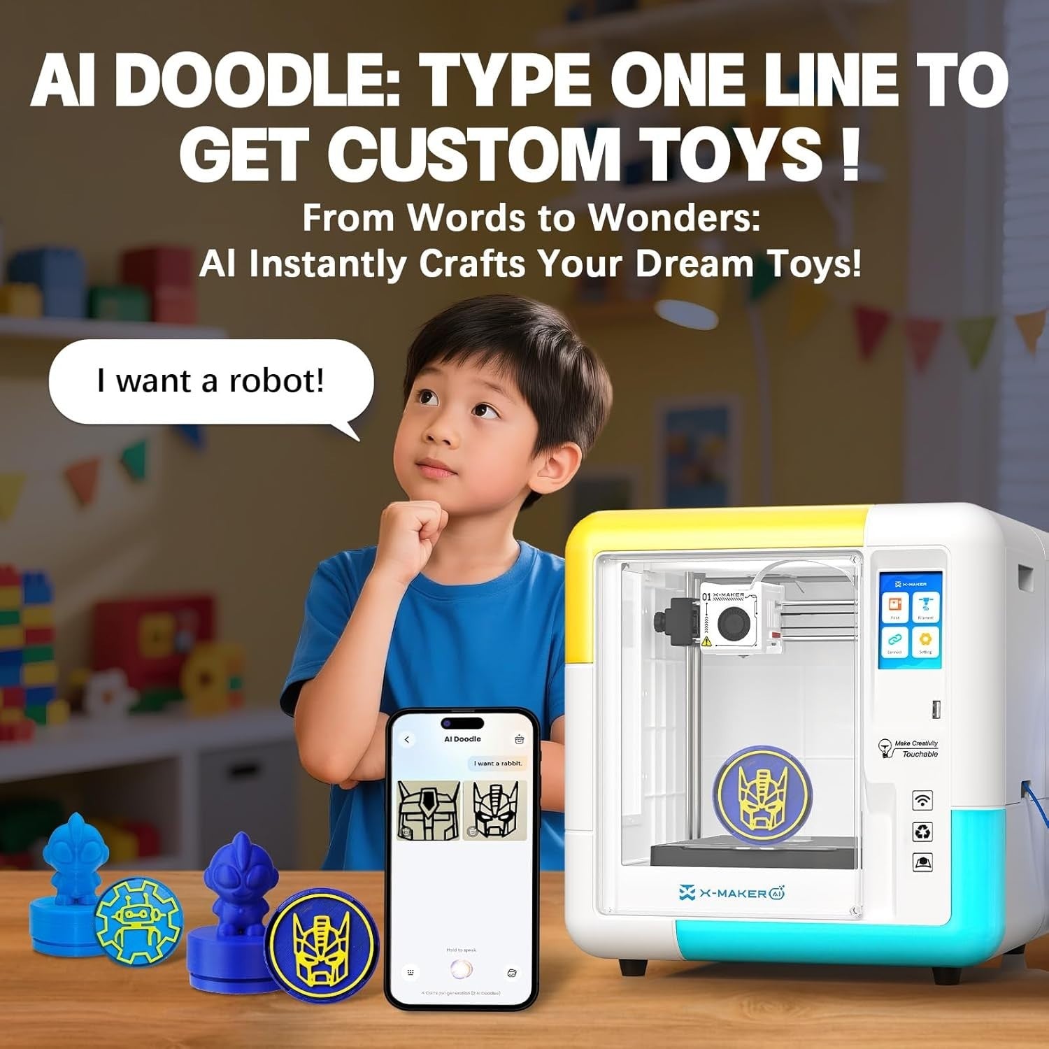 AI Kids Mini 3D Printer 400mm/s Auto Level Quiet WiFi + 8 PLA Set