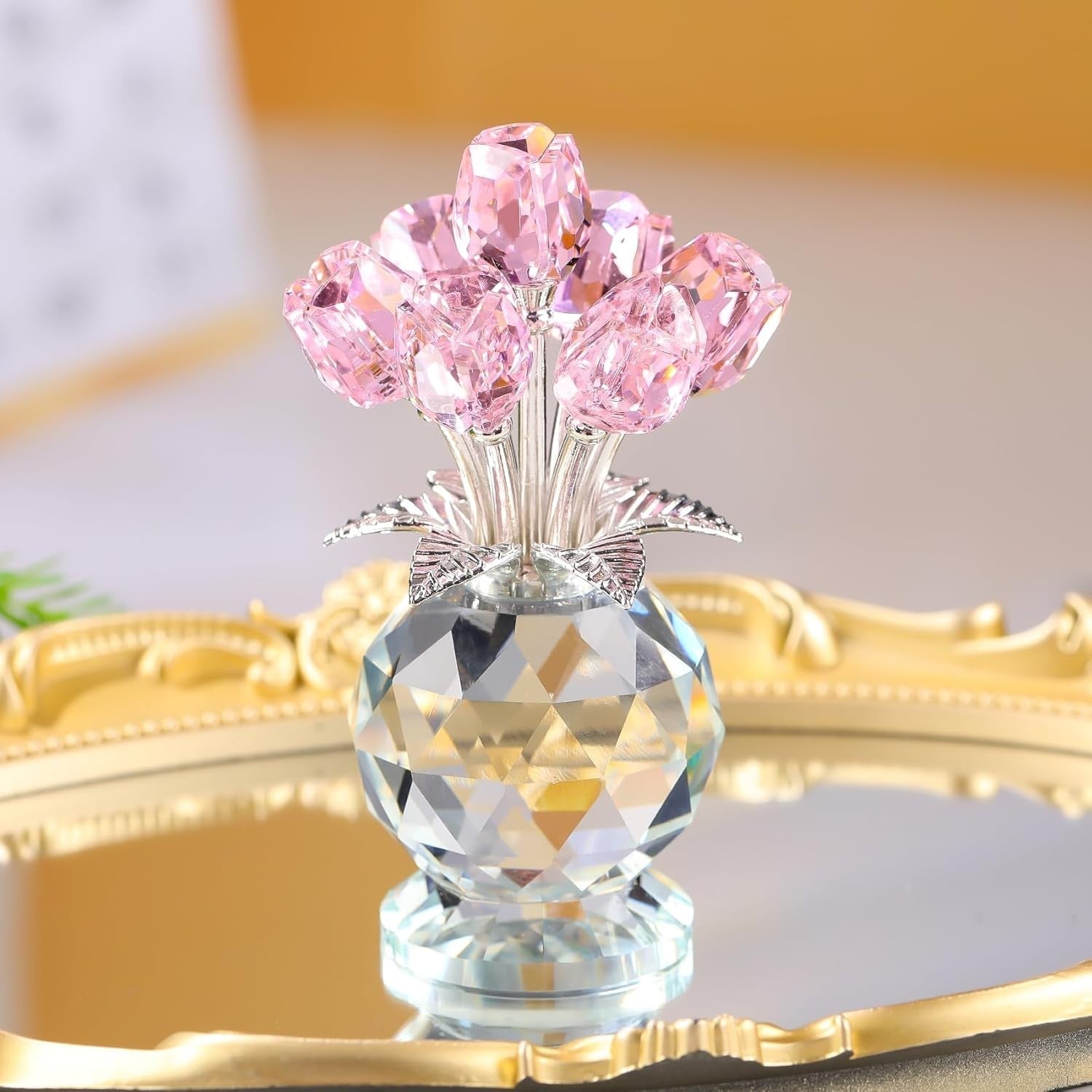 Pink Crystal Tulip Flower Ornament – Luxury K9 Glass Bouquet Gift for Her Home