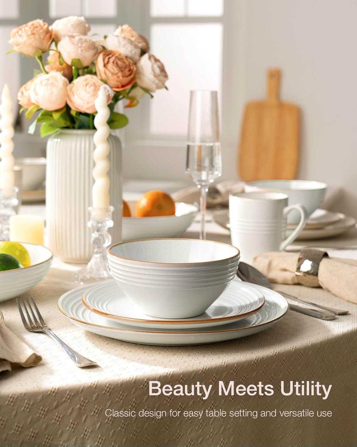 12pc Stoneware Dinner Set White Gold Rim Plates Bowls Dishwasher Safe