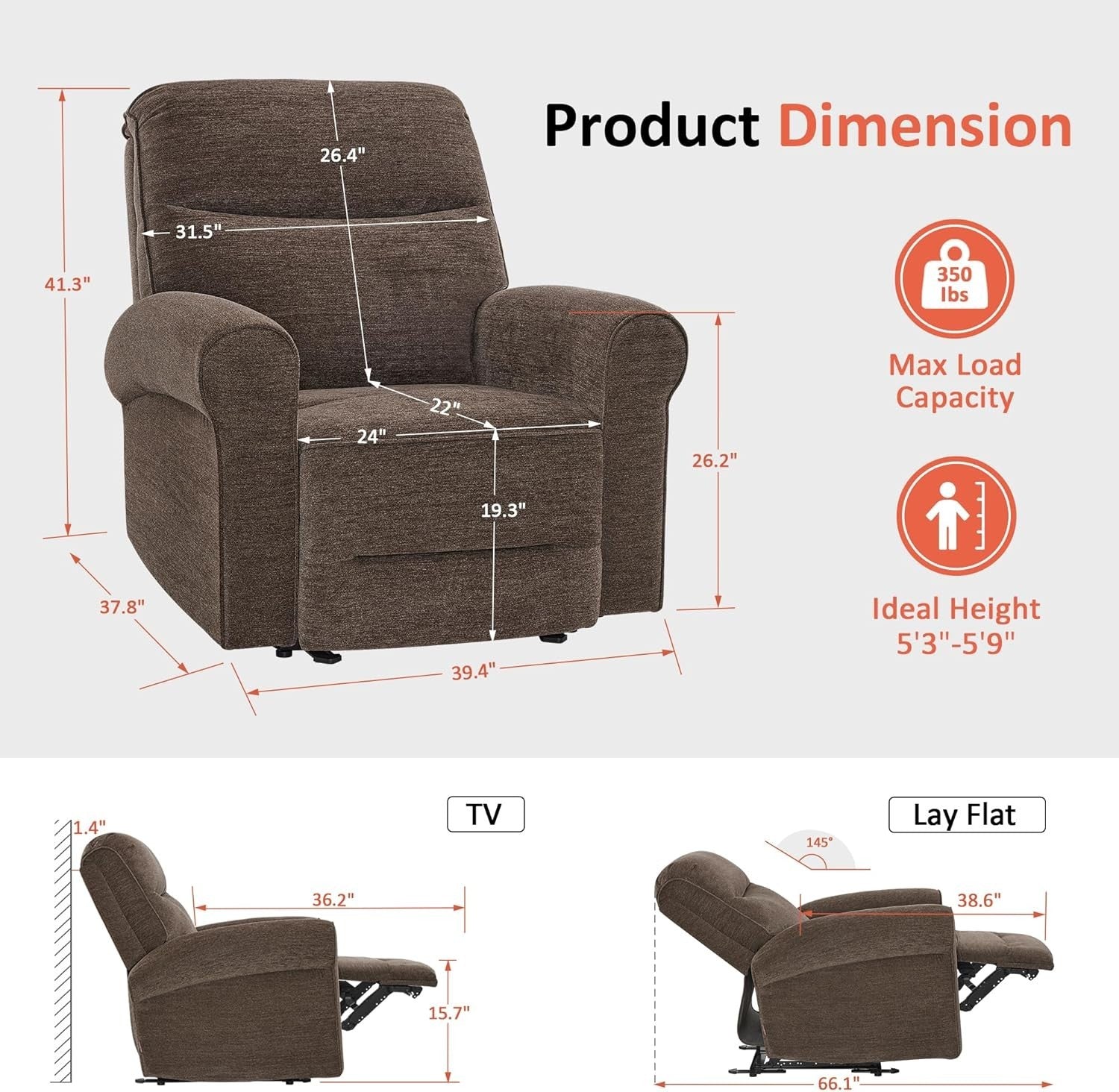 Wall Hugger Recliner Chair Small Space RV Compact Electric USB Fabric Medium
