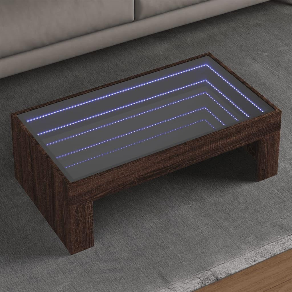 Infinity LED Mirror Coffee Table RGB Lights Brown Oak Square 50D x 90W x 30H