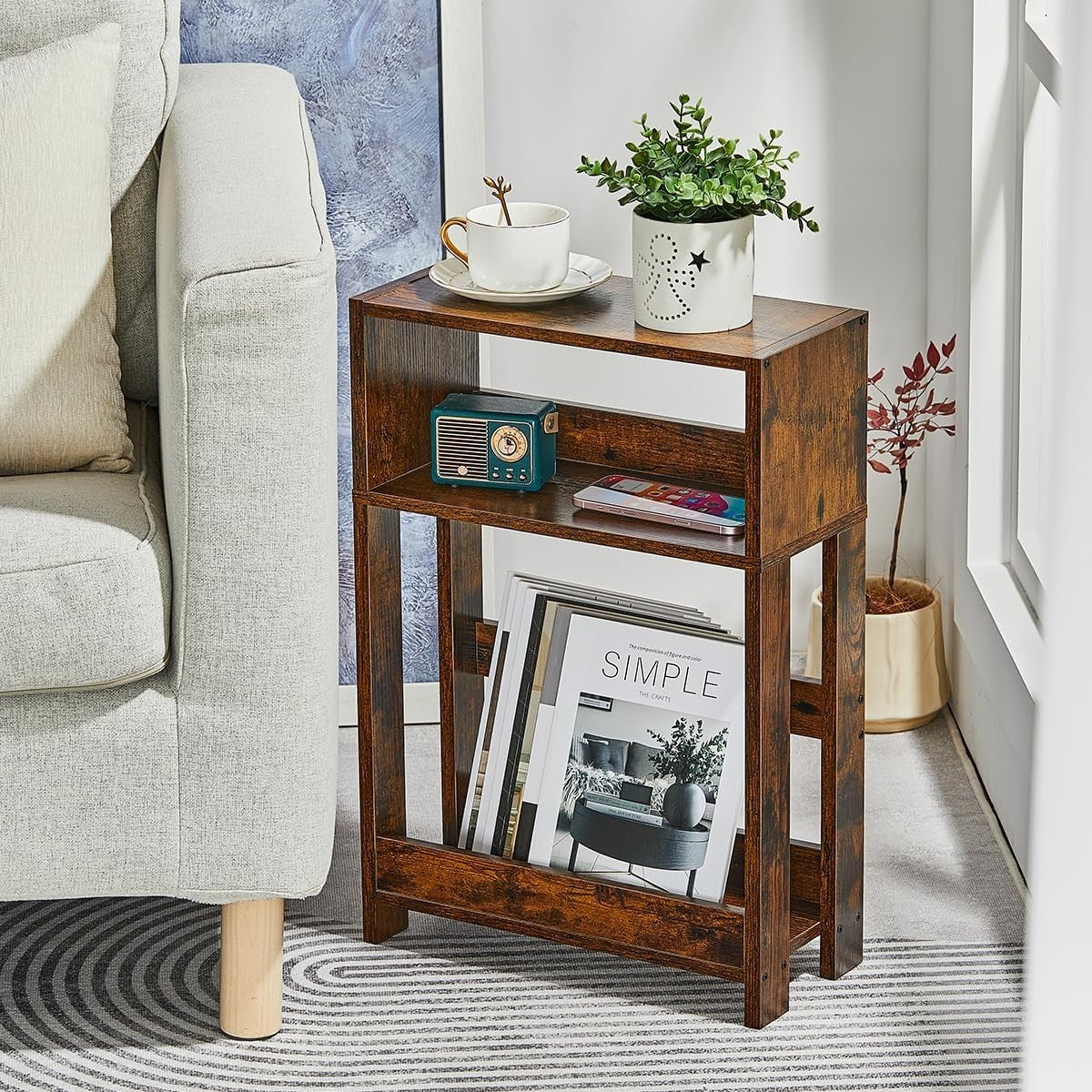 Rustic Narrow Side Table with Storage | 3-Tier Slim Nightstand for Small Spaces