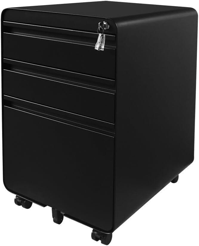 Black Mobile Metal Filing Cabinet 3 Drawer Printer Stand