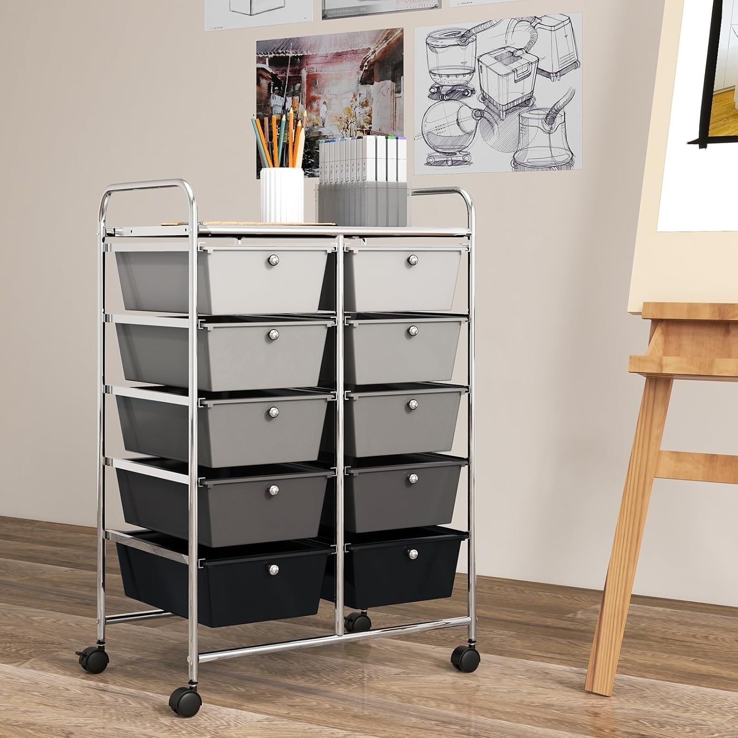 10 Drawer Rolling Storage Cart Black Organizer Trolley with Wheels