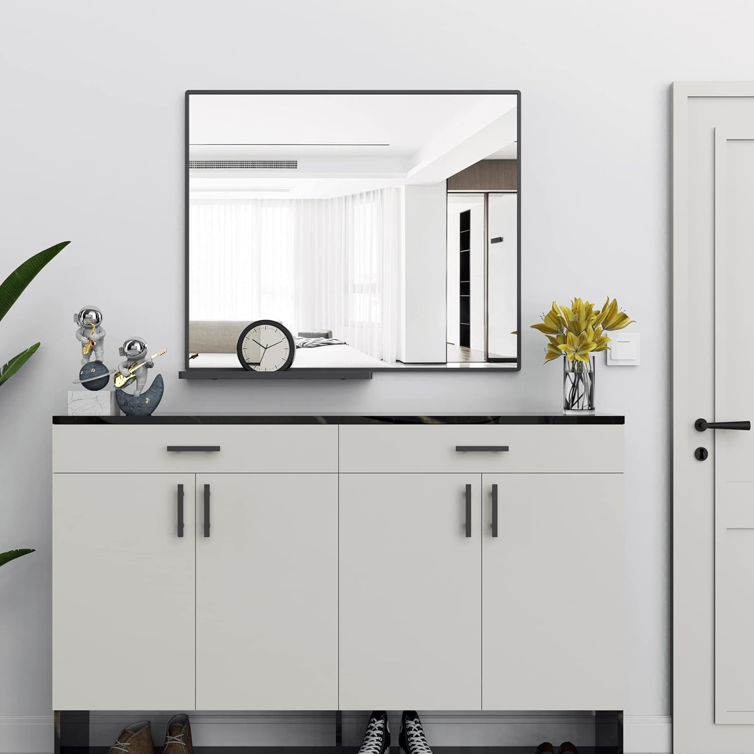 Black Bathroom Wall Mirror with Shelf 91x78cm | Modern, Anti-Fog, Easy Mount