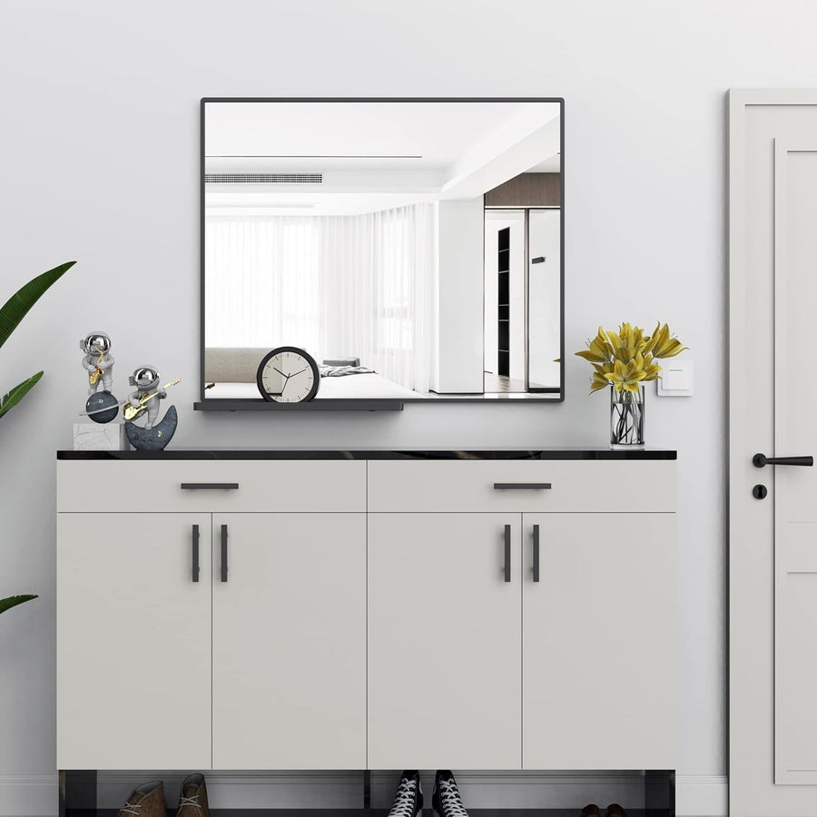Black Bathroom Wall Mirror with Shelf 91x78cm | Modern, Anti-Fog, Easy Mount