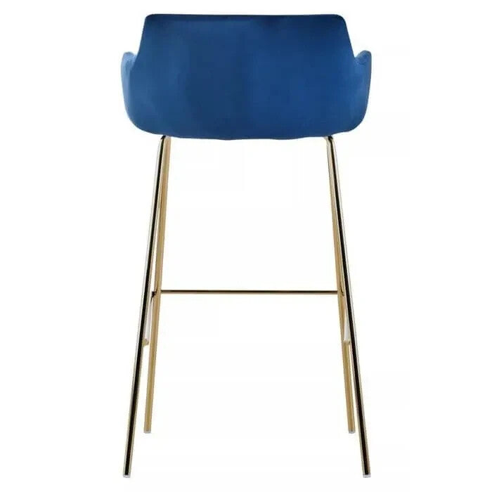Blue Velvet Bar Stool with Arms Gold Metal Legs Low Back Breakfast Chair