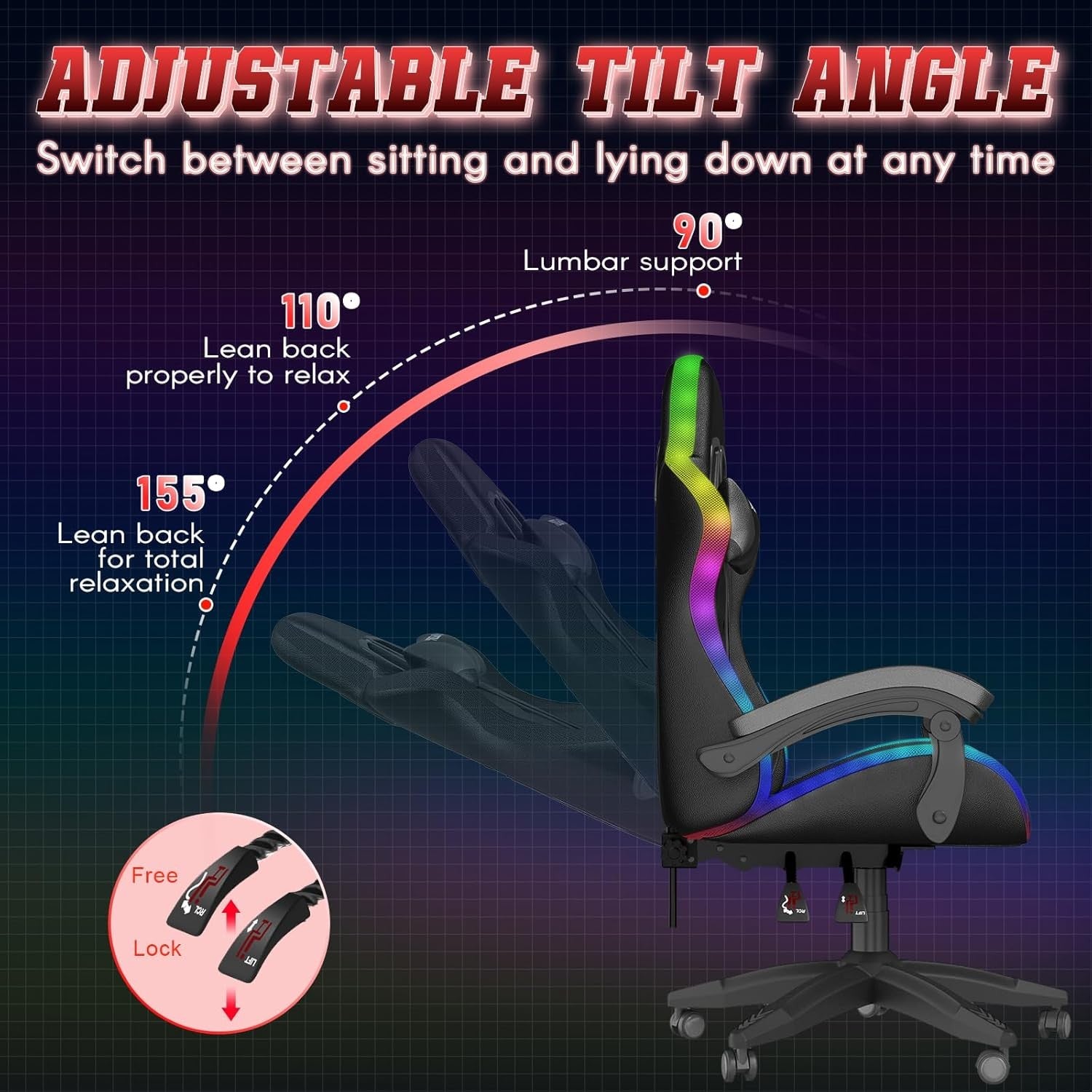 RGB Gaming Chair LED Lights Reclining PU Leather Swivel Black