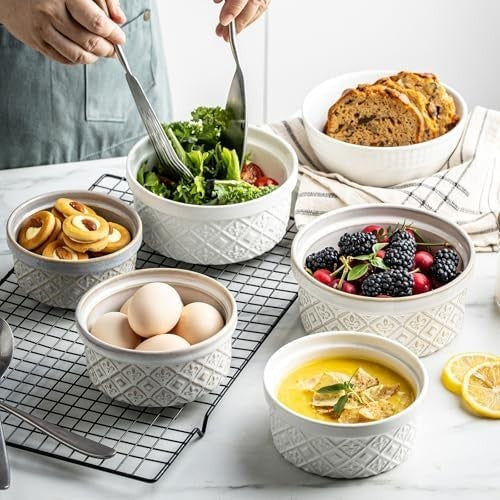 Ceramic Mixing Bowls with Airtight Lids Nesting Salad Prep Storage Set