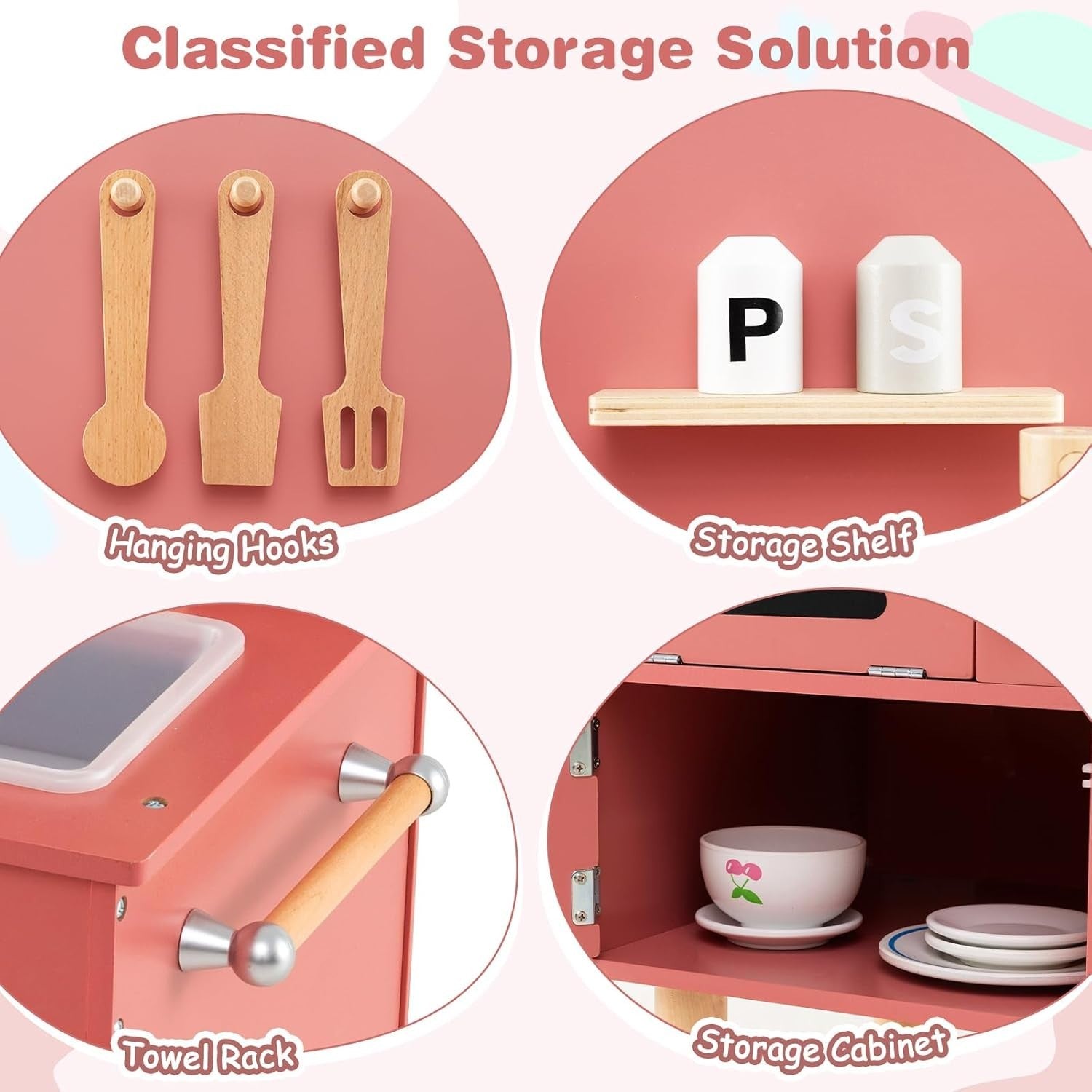 Kids Wooden Play Kitchen Pink Pretend Cooking Toy Set Accessories