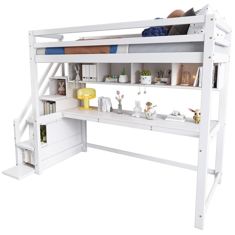 Kids Loft Bunk Bed with Desk Shelves Storage Stairs 3FT Pine Wood 90x190 White