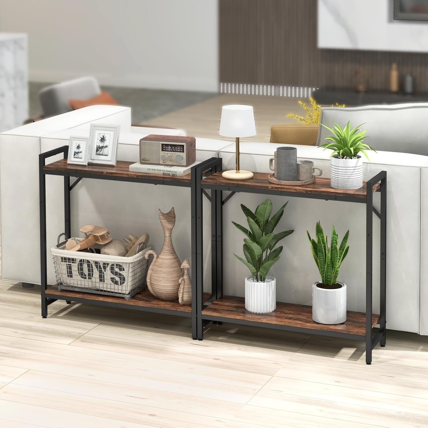 Narrow Console Table with Adjustable Shelves, Rustic Wood, Sturdy Metal Frame