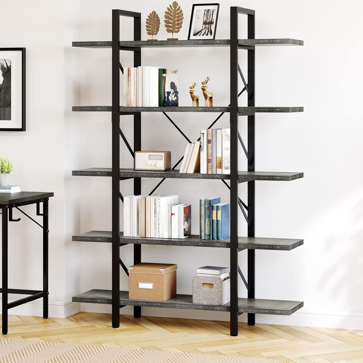 5-Tier Industrial Bookcase | Charcoal Grey & Black Wide Storage Shelf Unit