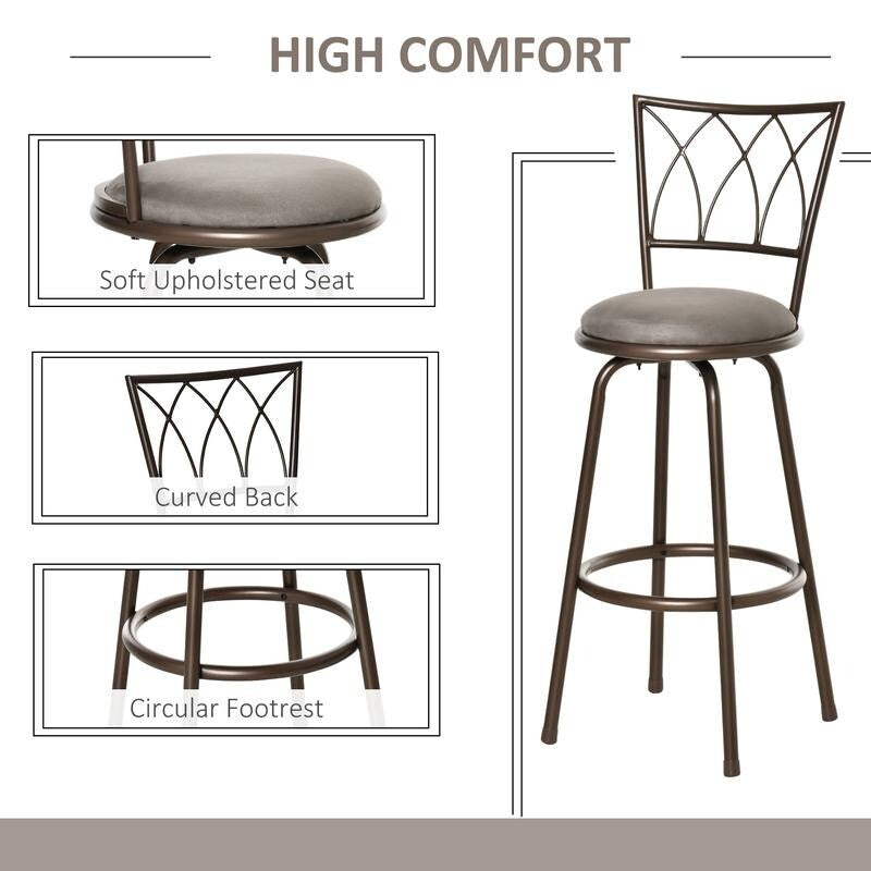2x Swivel Bar Stools Bronze Suede Seat Kitchen Breakfast Chairs w/ Back