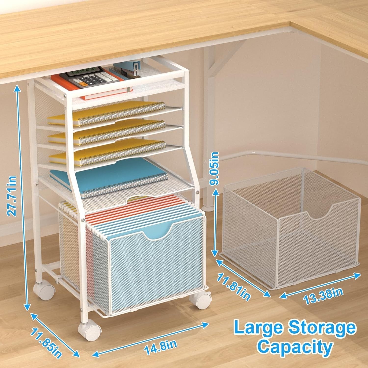 Rolling File Cart Under Desk 6 Tier Storage Organiser w Wheels White