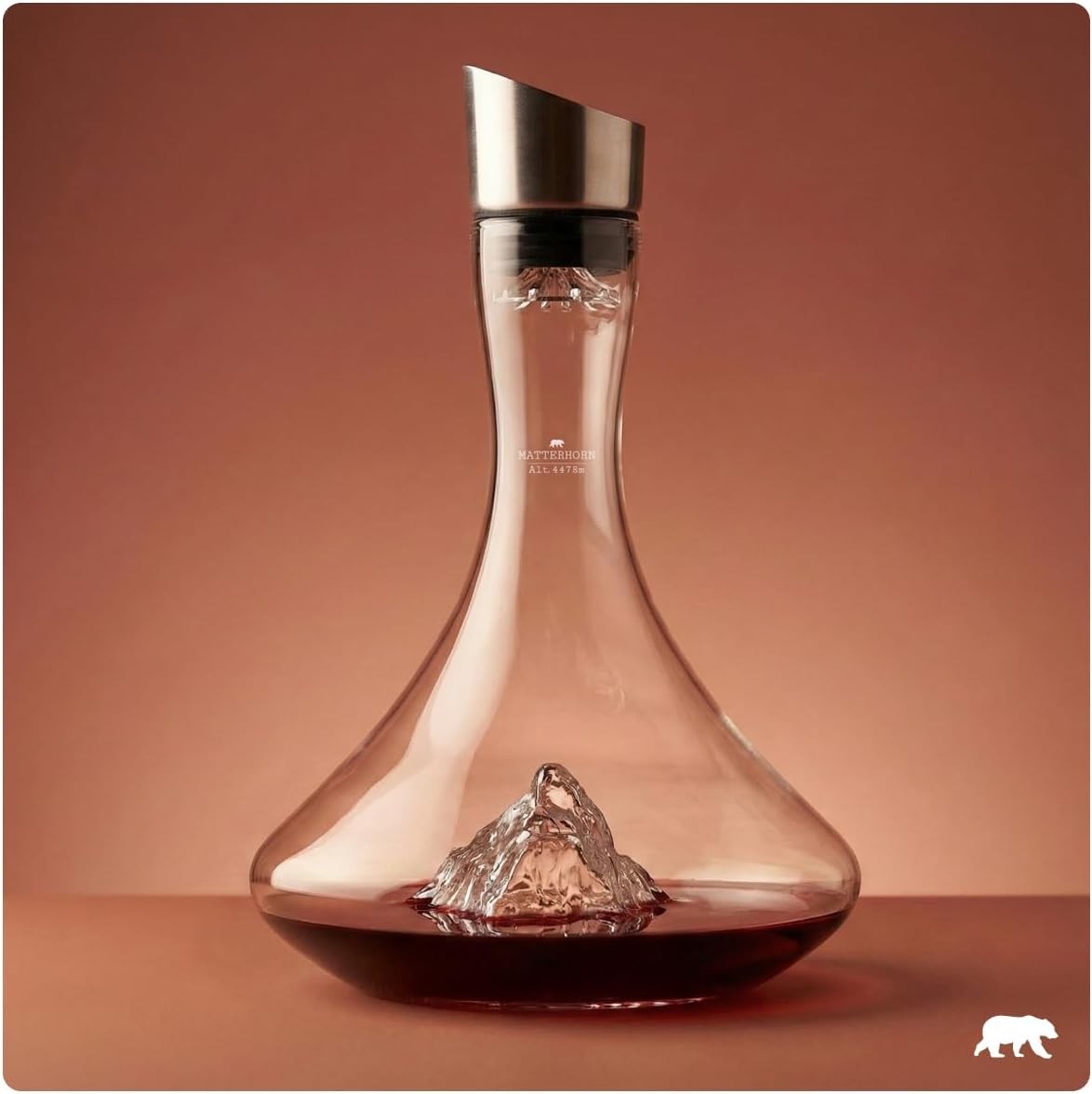 Hand-Blown 1.8L Crystal Wine Decanter with Aerator & Mountain Sculpture