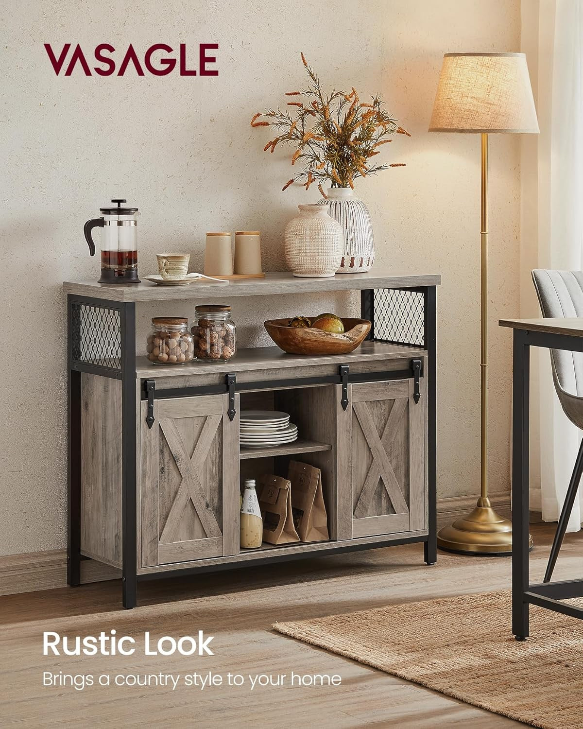 Heather Greige Sideboard Sliding Barn Door Storage Cabinet Industrial