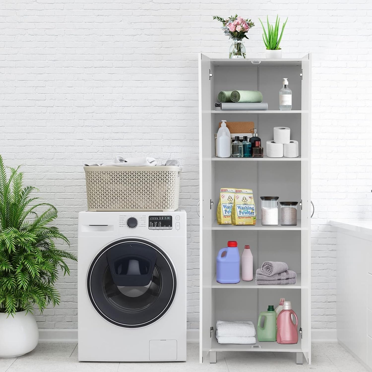 Tall White Storage Cabinet 2 Door Cupboard | Adjustable Shelves Freestanding Uni
