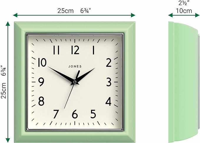 Green Retro Square Wall Clock 25cm Silent Quartz Easy Read Modern Kitchen Office