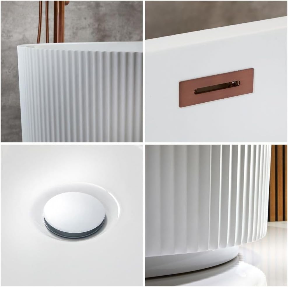 White Double Ended Freestanding Fluted Bath 1700x800mm Copper Overflow