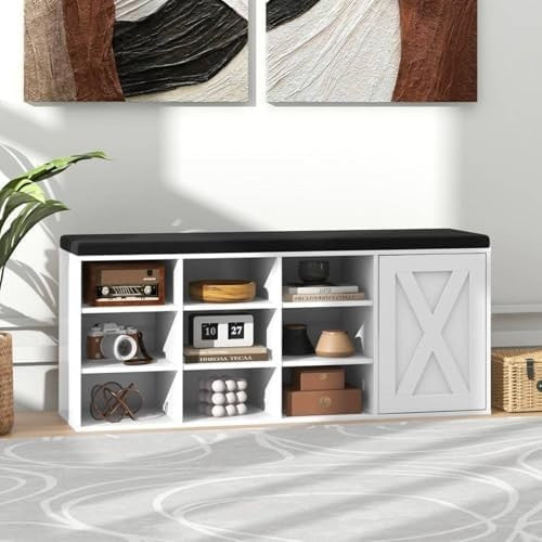 Wooden Shoe Storage Bench with Cushion & Barn Door, 9 Compartments