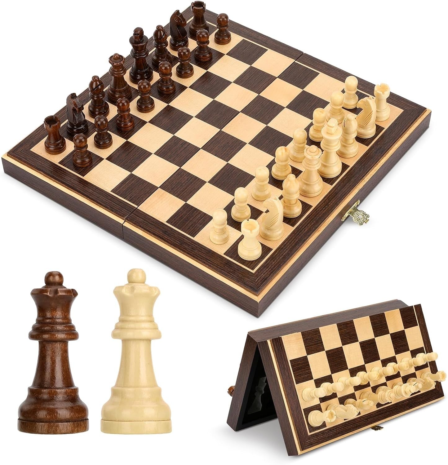 Wooden Magnetic Chess Set 30cm Folding Board w/ Storage & Extra Queens Ebony