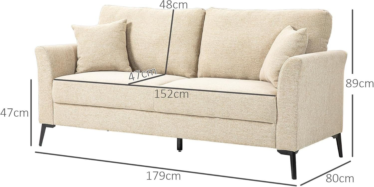 Modern 3 Seater Sofa Bed Beige Linen Storage Metal Legs Compact Lounge