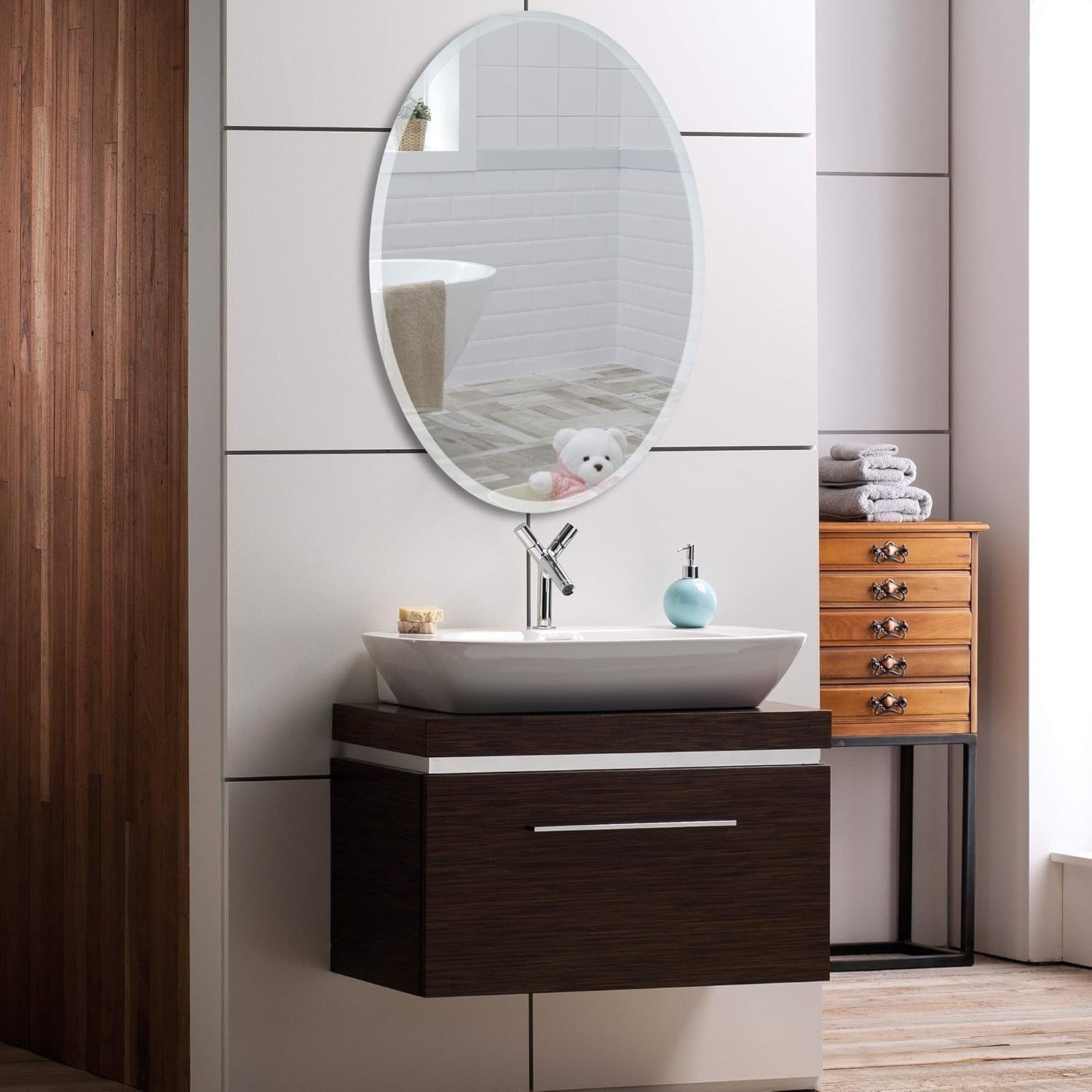 Oval Frameless Bathroom Mirror 70x50 cm, Modern Bevelled Edge