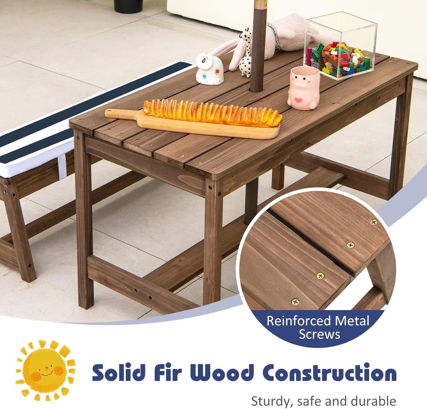 Kids Wooden Picnic Table Bench Set w/ Cushions & Foldable Umbrella Outdoor Blue