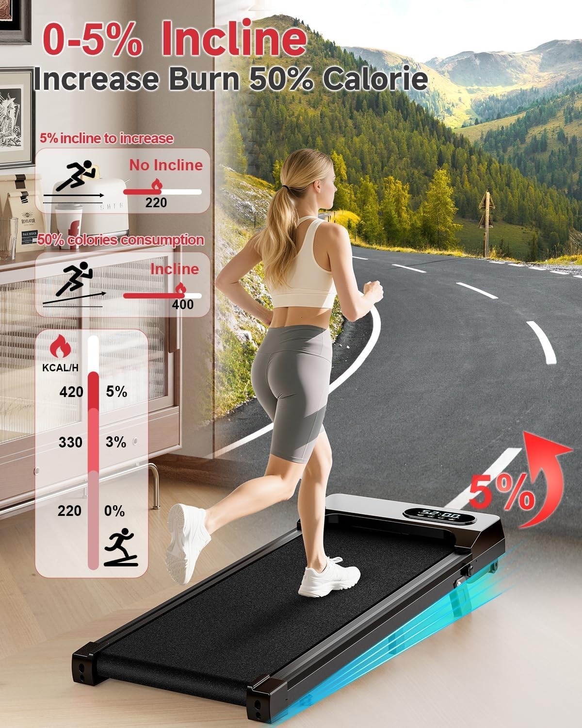 Portable Under Desk Treadmill Incline Walking Pad 8km/h Quiet Home Gym