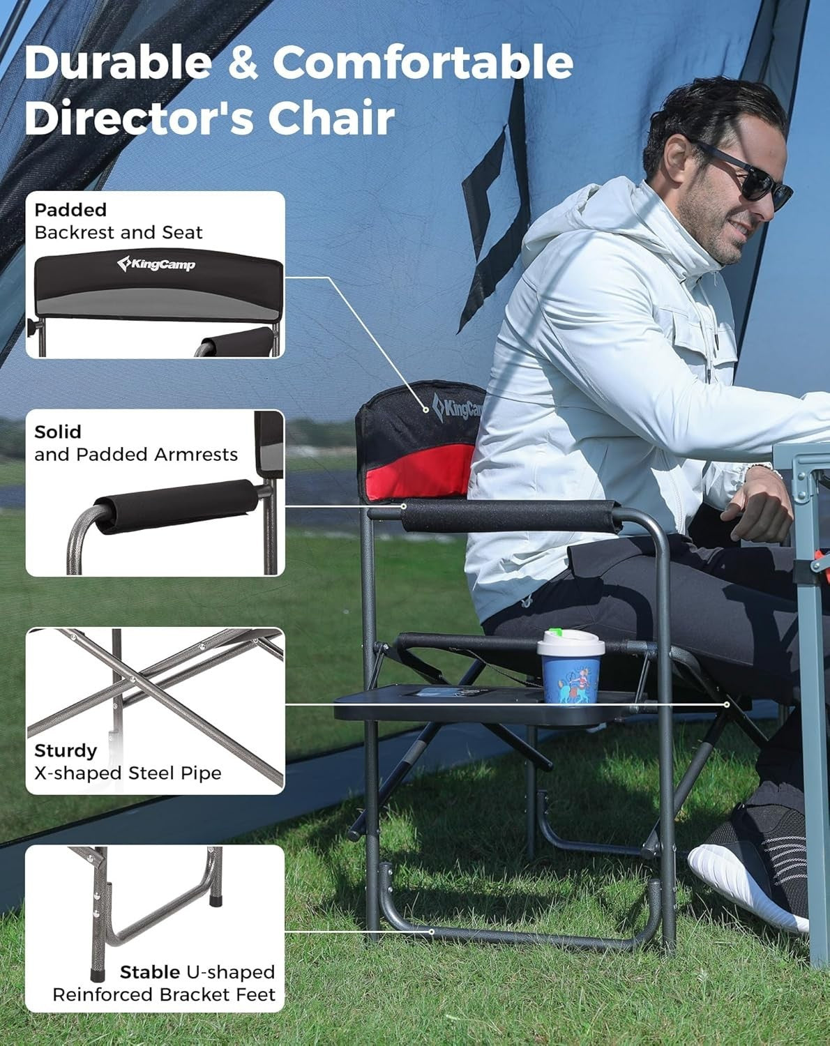 2x Heavy Duty Folding Directors Chairs 400LB W/ Side Table Pockets Grey