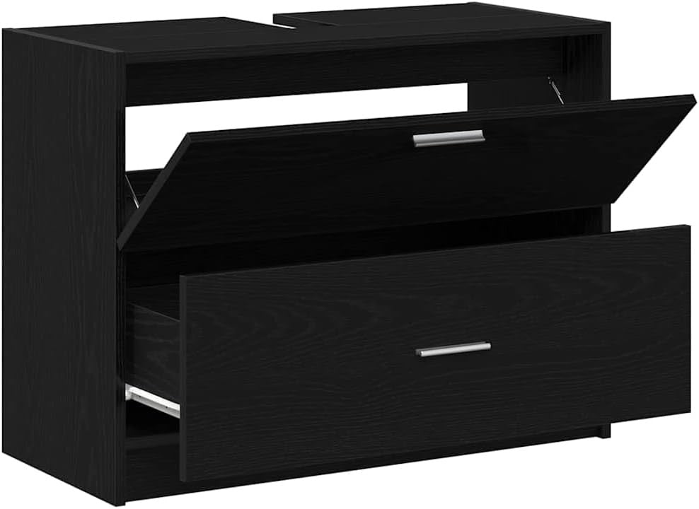 Black Oak Under Sink Bathroom Cabinet 78x37x59cm Modern Vanity Storage Unit