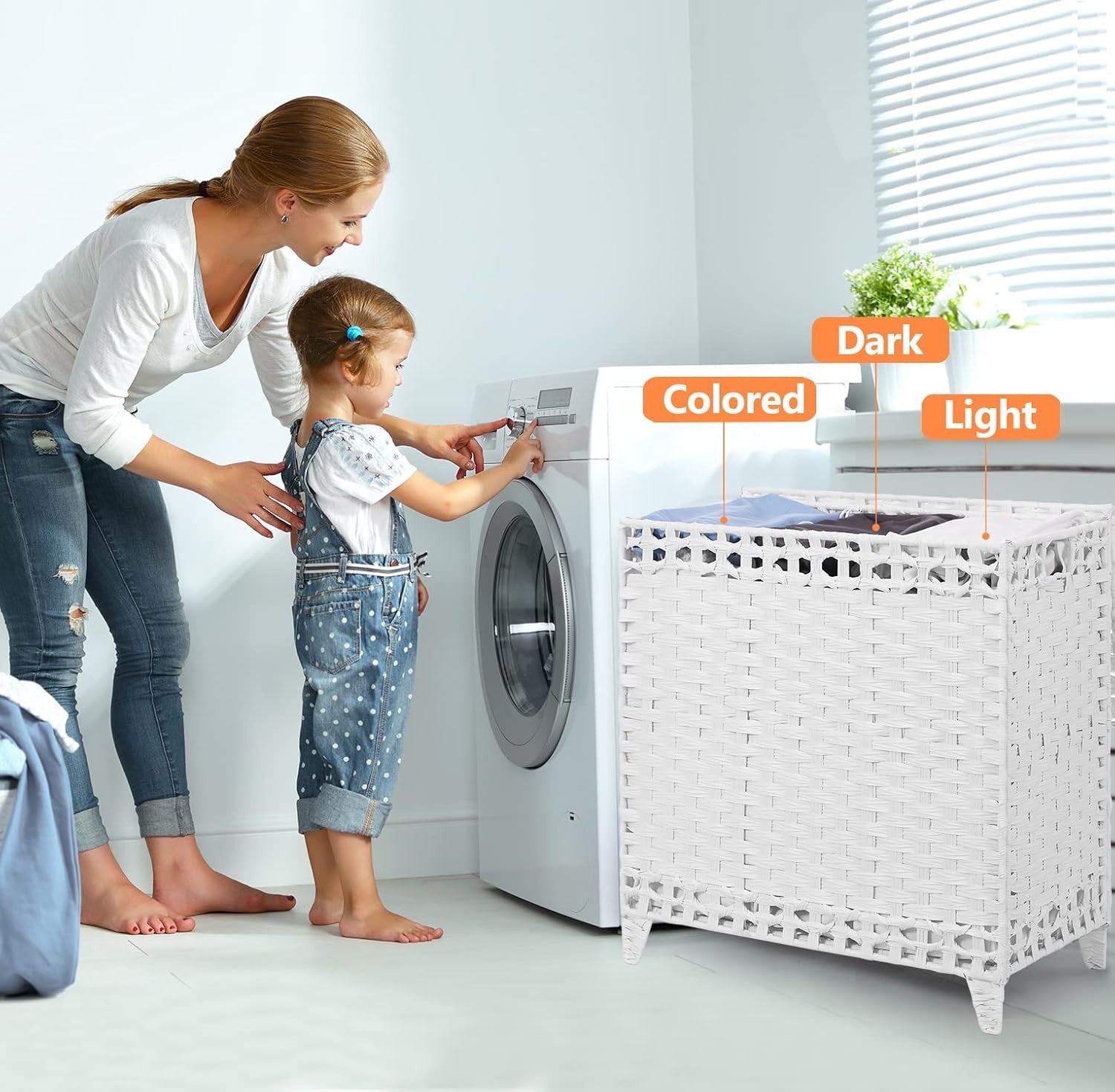 132L Rattan Laundry Hamper with Lid 3-Section Basket Removable Liner Bags White