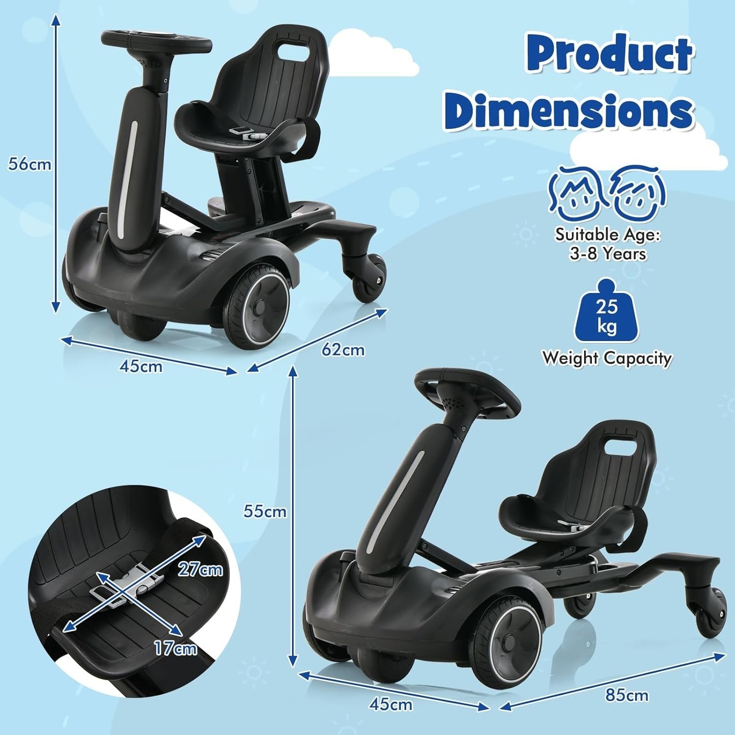Kids Electric Drift Go Kart 6V Ride On Car 360 Spin Adjustable Seat Black