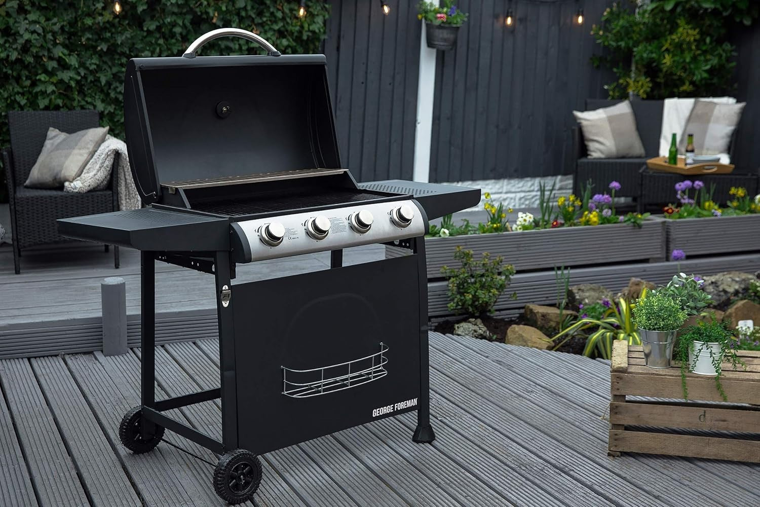 4 Burner Gas BBQ Grill with Thermometer & Shelves | Outdoor Family Barbecue