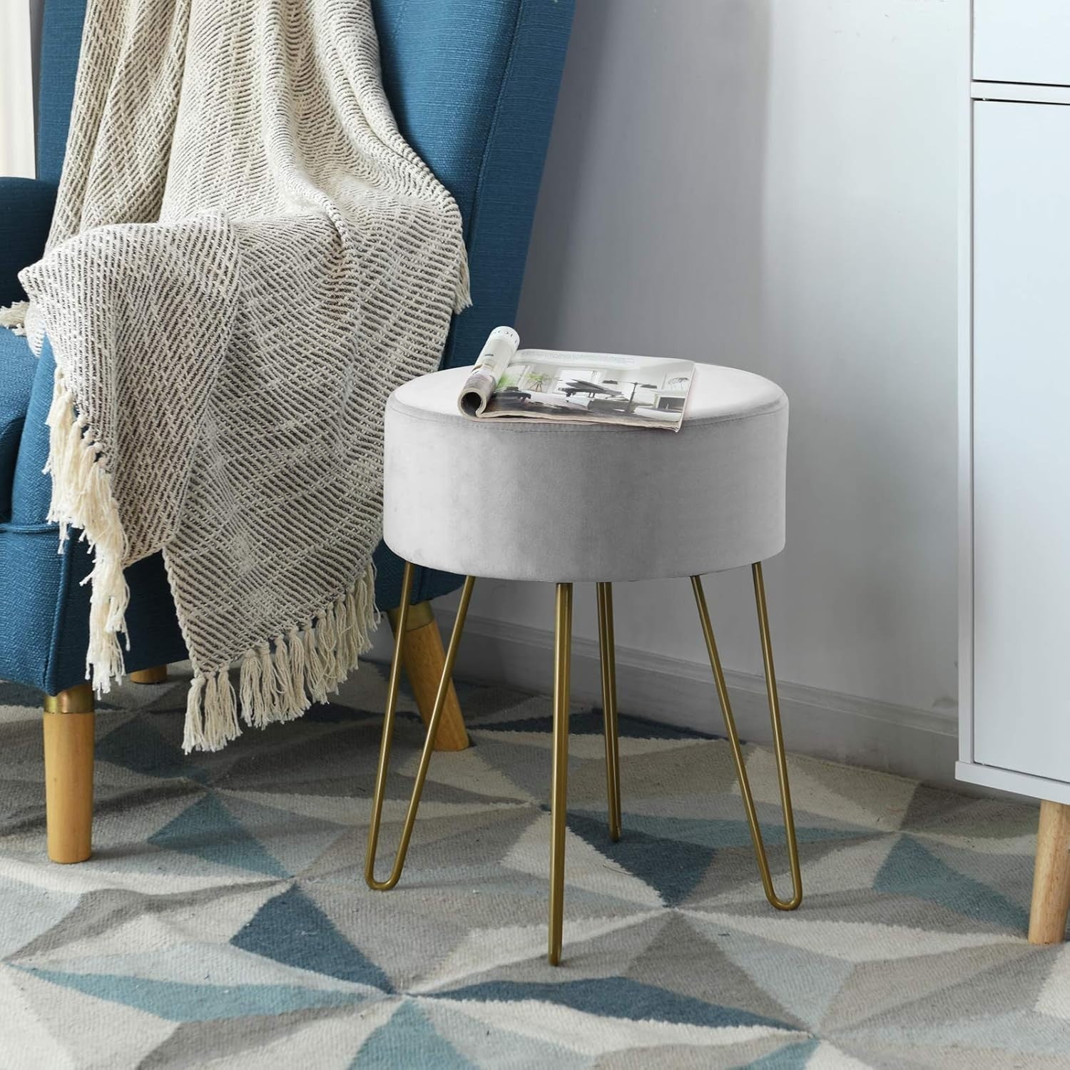 Grey Velvet Round Footstool Modern Dressing Table Stool with Metal Legs