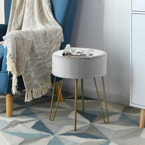 Grey Velvet Round Footstool Modern Dressing Table Stool with Metal Legs