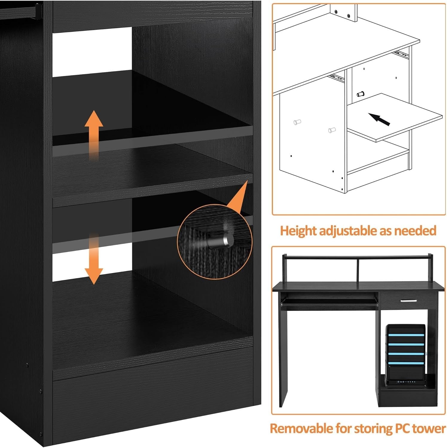 Black Computer Desk with Drawers Storage Shelf Keyboard Tray Home Office