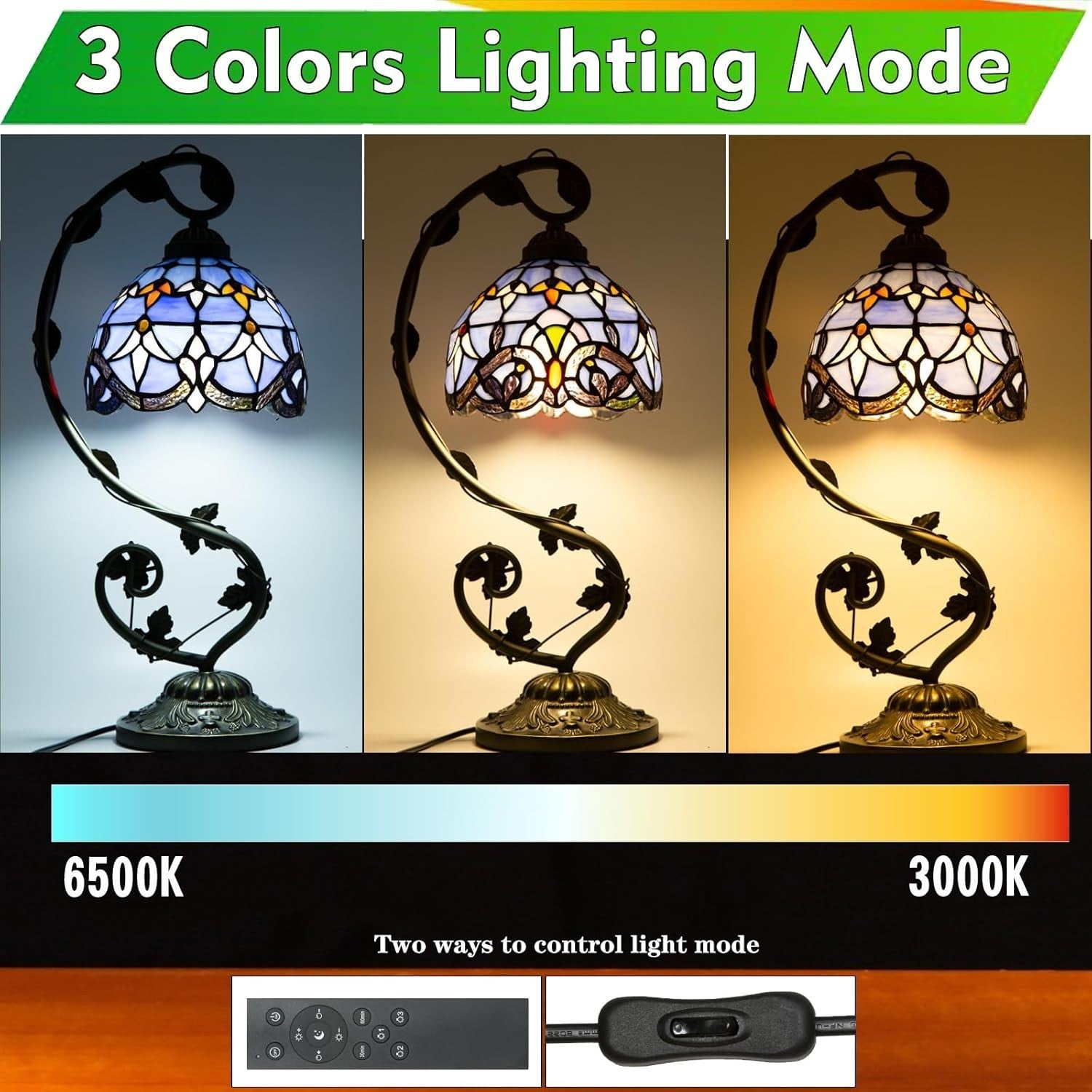 Stained Glass Desk Lamp Remote Dimming 3 Color Temp 11x11 Inch